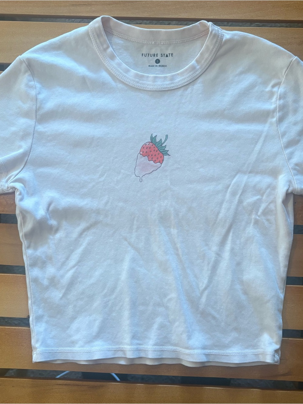 Future State White Crop Tee with Pink Strawberry Graphic